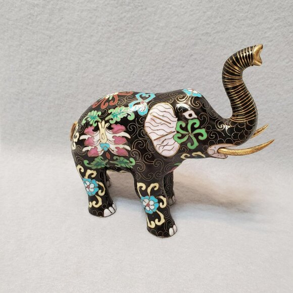 Vintage Cloisonne Elephant Figurine, Enamel, Upraised Trunk Up, Good Luck Statue - Picture 3 of 8